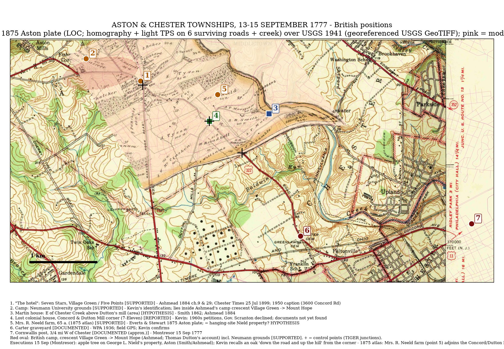 1875 atlas of Aston with the British positions of September 1777 overlaid in pink