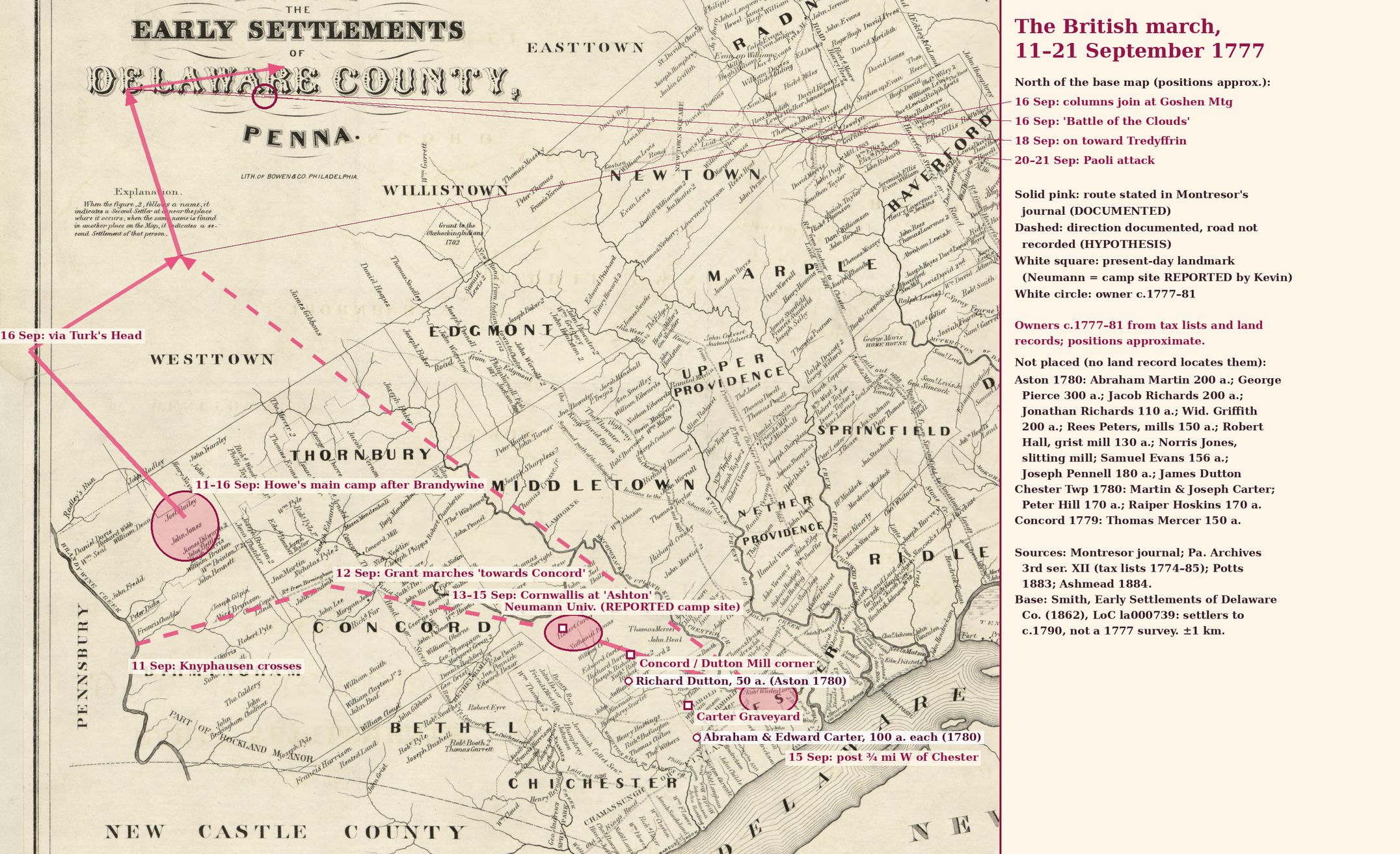 Pink route overlay on the 1862 Delaware County map: Brandywine to Aston, then north toward Goshen and Paoli
