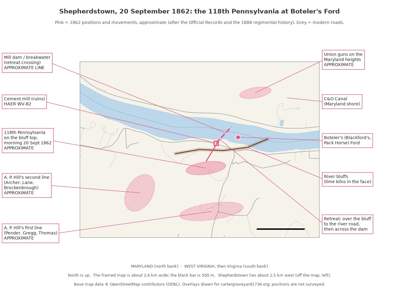 Map of the Potomac at Boteler's Ford with pink overlays for the 118th on the bluff, A. P. Hill's two lines, the cement mill, the dam, the ford and the retreat