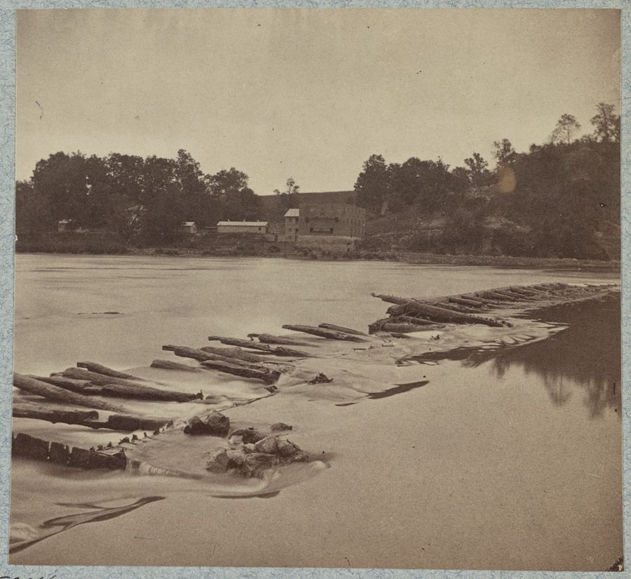Old photograph of the Potomac at Boteler's Ford with the dam and bluffs