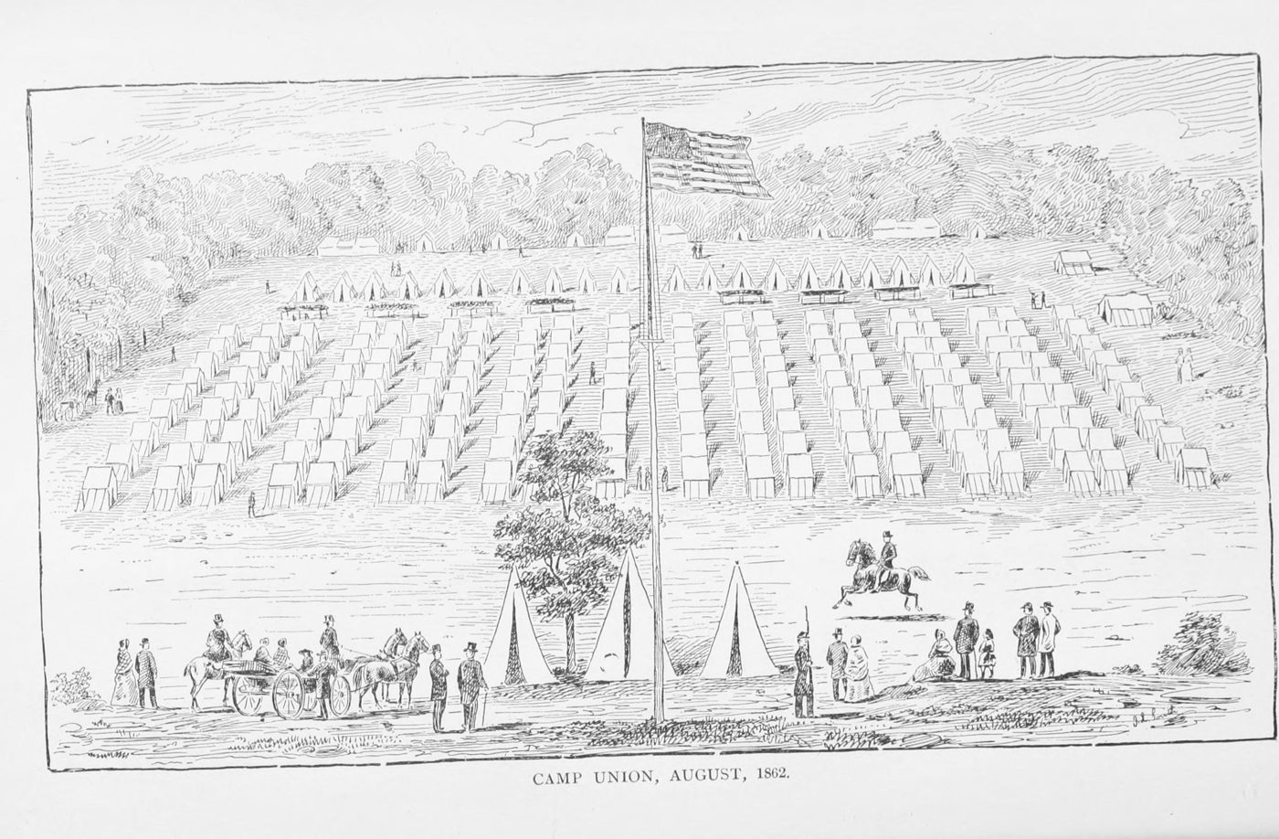 Engraving of Camp Union: rows of tents on a hillside, a flagpole, a mounted officer and visitors in the foreground