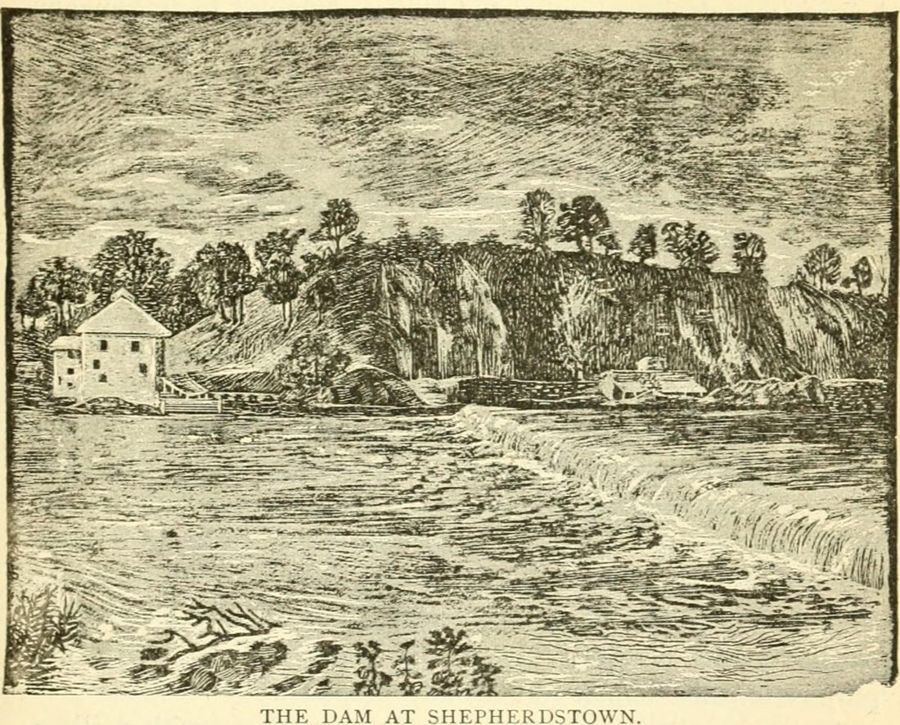 Engraving of the mill dam below the bluffs at Shepherdstown with the mill on the left