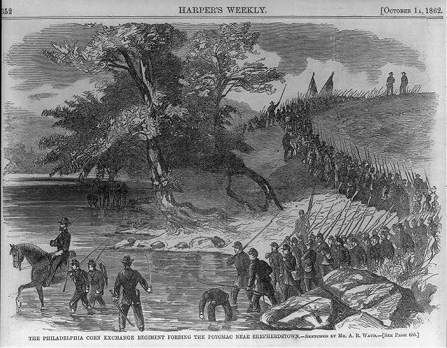 Engraving of the Corn Exchange Regiment wading the Potomac near Shepherdstown