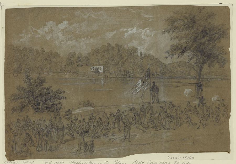 Pencil drawing of the ford near Shepherdstown with pickets firing across the river